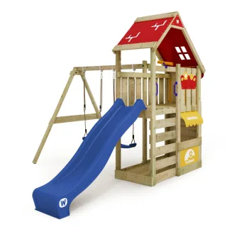 Spielturm CottageFlyer mit Kletterwand Wellenrutsche Sandkasten Doppelschaukel Massivholz Klettergerüst für Garten sicher & langlebig - Wickey