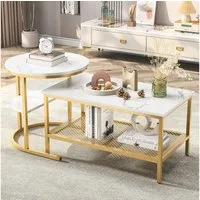 BELUPAI Couchtisch 2in1 Beistelltisch, Runder Tisch mit Marmoroptik (2er Set, 1-St., Satztisch), 80x46x41cm und 52x52x51cm,Weiß-Gold