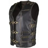MDM Lederweste Damen Biker Lederweste in Schwarz mit Messing Schnallen Taillierte Damen Lederkutte mit Messing-Schnallen