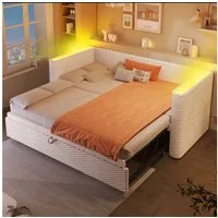 Merax Daybett 90×200cm/180x200cm mit LED-Lichtleiste & App-gesteuerter (Jugendbett Doppelbett Kinderbett, 1 tlg), Polsterbett Tagesbett Schlafsofa mit Ausziehbett und Lattenrost, Samt