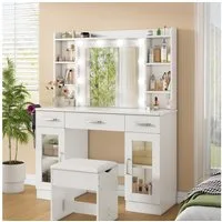BBWL Schminktisch mit LED Spiegel und Hocker USB Beleuchtung MDF, Frisiertisch mit Schubladen Metallgriffen Stauraum Beauty Tisch