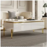 Merax Couchtisch hochglanz Sofatisch Beistelltisch mit goldenen Zierelementen (1-St), Wohnzimmertisch mit Doppelschubladen und Metallbeinen, 100x50x36cm