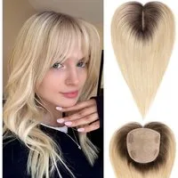 LuxusKollektion Echthaar-Extension Haarteil 5x5 Basis Echthaar Frauen 12 Zoll mit Pony Ombre Hellblond