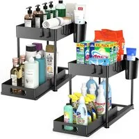 SURFOU Ablageregal Arbeitsplatte Badezimmer Schubladen Küchen Organizer Regal, Multifunktionales Spülschrankregal mit Schublade, 8 Haken und 2 Tassen, 2-Stufiges Lagerregal mit Ausziehbaren Schubladen