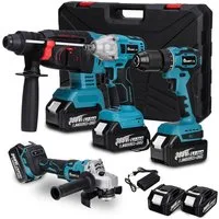 Insma Schlagbohrmaschine 4 IN 1 Multi Elektrowerkzeugsatz, (4-tlg., Bürstenlose 125mm Winkelschleifer + Bohrmaschine + Elektrischer Hammer), inkl. 2 Akkus Set und Koffer