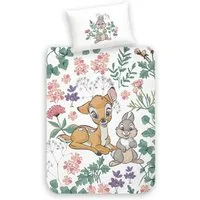 MTOnlinehandel Babybettwäsche Bambi Flower 100x135 + 40x60 cm in Renforcé • Disney, 100% Baumwolle, 2 teilig, Wende-Motiv mit Reh und Hase • Blumen • Blüten • Blätter