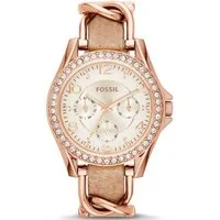 Fossil Multifunktionsuhr RILEY ES3466, Quarzuhr, Armbanduhr, Damenuhr, Datum, Glassteine, Lederarmband