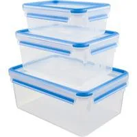 CLIP & CLOSE Frischhaltedosen-Set, 3-teilig transparent/blau, rechteckig, 3 Dosen + 3 Deckel