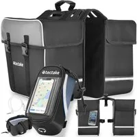 tectake Fahrradtasche Set Fahrradtasche Georg - wasserabweisend und robust (fahrradtasche GEORG, in schwarz/blau), Mit Reflektorstreifen und Netztaschen