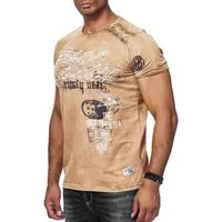 R-NEAL T-Shirt T-Shirt Herren Seitliche Knopfleiste Oil Washed mit Front Print