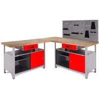 ONDIS24 Werkstatt-Set Ecklösung Classic One, Werkbank, 120 + 60 cm Holzarbeitsplatte, Werkzeugwand Lochwand, Haken Set, Metall (Arbeitshöhe 85cm)