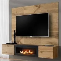 Inn.Furn Lowboard Public (TV Mediawand in Eiche Wotan, Set inkl. Kamin und Wandpaneel, 180 x 148 cm), mit Push-To-Open-Funktion