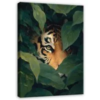 Wallarena Leinwandbild Tiger Blätter - Grün - Modern - Hochformat - Wohnzimmer, Tiger, 30x40x2cm
