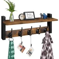 SURFOU Wandhaken Wandhaken mit Regal – Garderobenleiste Holz mit 5 Haken, Wandgarderobe, (Wandmontiertes Garderobenpaneel aus Holz & Metall (braun/schwarz) – Für Flur, Kinderzimmer & Bad, inkl. Montagematerial, 1-St., 41,5 cm Garderobe, Schlüsselbret