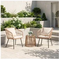 Sunsitt Balkonset Outdoor 3-tlg Balkon Set, Bistro Set, Rattan Gartenmöbel mit Kissen, (Couchtisch mit Glastischplatte), Sitzgruppe für Garten, Balkon, Hinterhof, Natur