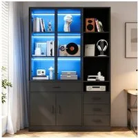 BlingBin Vitrine Hochschrank mit LED, Bücherschrank mit 4 Schubladen - 120x35x200 cm (1er Set, 1-St., Tragfähigkeit: 200kg, Aufbewahrungsschrank Küchenbuffet) Standvitrine mit 13 Stauraumbereichen für Wohnzimmer, Schwarz