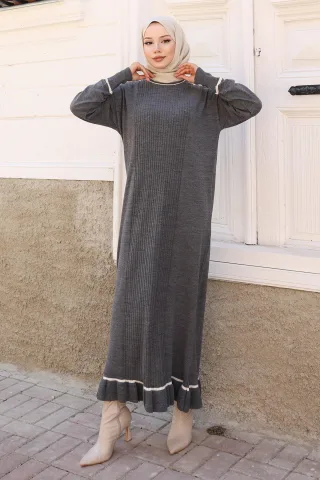 Stein Detailed Cuff Strick Kleid Grau