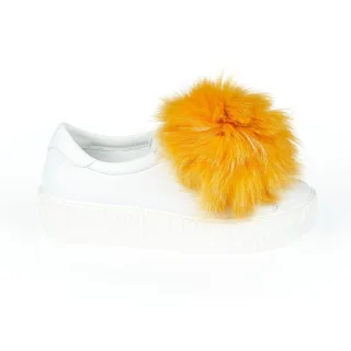 Mr&Mrs Italy Weiße Textil Damen Sneaker mit echtem Pelz-Pompons