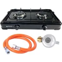 GARDINGER Taschenkocher Duo base Campingkocher schwarz zweiflammig Schlauchreglerset 30 mbar, (Set, 3-St), Alugussbrenner, zweiflammig, 2,00 kW / 1,5 kW