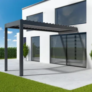 Pergola 2x4 m, elektrisch, mit Motor, Anbaupergola aus Aluminium, Anthrazitgrau RAL 7016, 2000x4000 mm