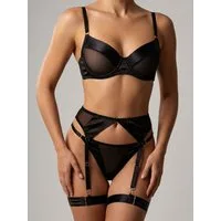 Elegant Love Set: Bügel-BH Sexy Dessous-Set aus Satin und Mesh – Lingerie-Set mit Strumpfgürtel (Set, 4-tlg., BH + String + Strumpfhalter-Gürtel + Oberschenkelbänder) Damen-Reizwäsche & Unterwäsche-Set für besondere Momente