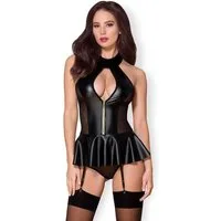 Obsessive Corsage Wetlook Corsage mit Strumpfhalter - schwarz (2-tlg) verführerisches Korsett mit Slip
