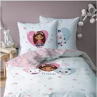 MTOnlinehandel Bettwäsche Gabby's Dollhouse 135x200 + 80x80 cm, 100% Baumwolle, 2 teilig, Herzmotiv mit Gabby, Meerkatze und Panda Pfötchen