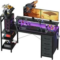 YOUDENOVA Gamingtisch mit LED-Beleuchtung & Steckdose, Computertisch, Schreibtisch (1-St), mit Schubladen & Carbon Fiber, 130x48x114cm