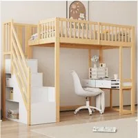 Flieks Hochbett Massivholz Kinderbett 90x200cm mit Tisch und Stauraumtreppe