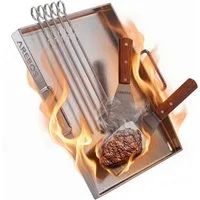 Arebos Grillplatte Edelstahle Grillplatte 40x30 cm Plancha für Gas & BBQ (Set), Fettablauf, versiegelte Kanten, inkl. Zubehör, vielseitig einsetzbar