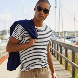 Kurzarm-Streifenshirt mit Struktur für Herren, Herren, size: regular, Elfenbein, Viskose/Polyester-Mischung, by Lands' End