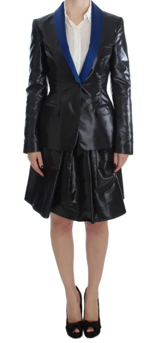 Schwarzes Blazer-Rock-Anzug mit blauen Kontrasten