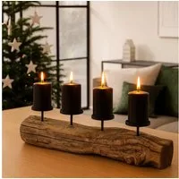 Online-Fuchs Adventskranz aus Treibholz mit schwarzen Kerzenhaltern aus Metall, länglich, modern und natürlich für Ihre Weihnachtsdekoration
