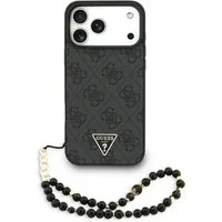 Guess Handyhülle Case iPhone 17 Pro Max MagSafe Kunstleder grau Logo goldfarben Kette 6,9 Zoll, Kantenschutz