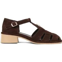 Celal Gültekin T-Strap Blockabsatz Knöchelriemen Retro Boho Damen Riemchensandalette Veloursleder, Echtleder-Futter & Decksohle, Braun, 38