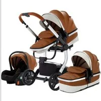 TPFFamily Kombi-Kinderwagen Babyschale Baby Buggy Babywanne 5-Punkt-Sicherheitsgurt Moskitonetz, Getränkehalter inkl. Zubehörset Kinderwagen 3 in 1 Kunstleder Braun