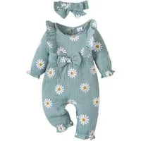 Lapastyle Strampler Baby Langarm Outfit Set, Bodysuit mit Rüschen und Gänseblümchen Muster (Set, 2-tlg) Jumpsuit & Haarband Set, 100% Baumwolle, Schleifendekor, Lässig, Süß