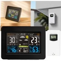 Casativo Funk-Wetterstation mit Farbdisplay Barometer Sensor Uhr & Wecke Funkwetterstation (Thermometer, Barometer, Hygrometer, Wecker & 60m Außensensor)