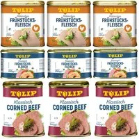 TULIP Wurstkonserve Frühstücksfleisch Corned Beef 340g + Hähnchen 340g + Schwein 200g, (Set, Corned Beef + Hähnchen + Schwein), Dänische Delikatesse