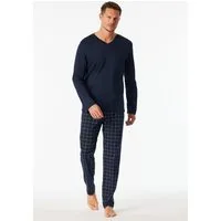 Schiesser Pyjama Fine Interlock (2 tlg) Oberteil in Uni, karierte Hose, V-Neck, Langarm, Baumwolle