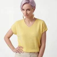OriginalYou T-Shirt T-Shirt Damen Kurzarm Shirt weiches Feinstrick Oberteil V-Ausschnitt aus softer Viskose, One Size 36-40, mit V-Ausschnitt