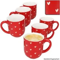 MamboCat Becher MamboCat 6er Set Love Kaffeebecher Porzellan rot weiße Herzen 300ml, Porzellan