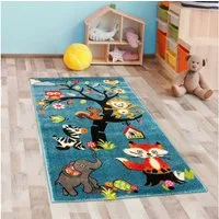 Carpetia Kinderteppich Teppich mit vielen Tiermotiven, in blau, Kinderfreundlich, rechteckig