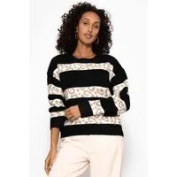 SASSYCLASSY Rundhalspullover Pullover mit Leo-Streifen für Damen Weicher Blockstreifenpullover mit Animal-Print Taupe Schwarz