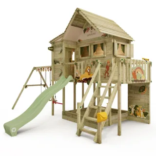 Disney Spielhaus GreenHouse mit Schaukel Rutsche & Sandkasten - Stelzenhaus 2,30m Höhe - Hochwertiges Holz Spielgerät für Garten - Wickey