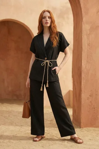V-Ausschnitt Knopfleistenbluse & Hochtaillierte Hose Zweiteiliges Set