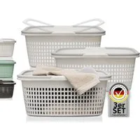 Hausfelder Wäschekorb Wäschewanne 58x37x25cm (Weiß, 3 Körbe, 35 l) (Set, 3 St., 3 x Wäschekörbe), mit klappbaren Henkeln, mit Griffen, 35 Liter