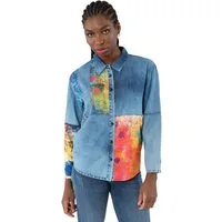 Gio Milano Jeansbluse G30-2100, "loves groove" mit Strassbesatz und Denim Waschung Denim Waschung, sehr Farbenfroh, abgerundeter Saum