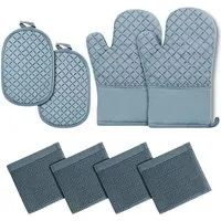HUGERSTONE Topflappen Topfhandschuhe Hitzebestaendig bis 260°C, Rutschfeste Backhandschuhe, (Set, 8-tlg, 2 x Ofenhandschuhe + 2 x Topflappen + 4 x Geschirrtuch), Verlängern Kochhandschuhe, Topflappen Set für Backen, Küche und Kochen