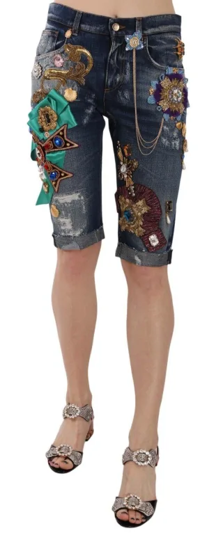 Dolce & Gabbana Damen Blue Denim Mid Waist Crystal Capri-Shorts